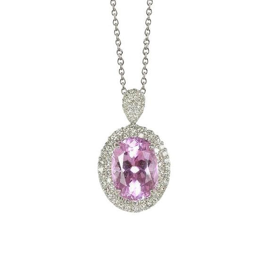 Rosa Kunzit & Aus der Erde Abgebauter Natürlicher Diamant Damen Anhänger Weißgold 14K 15.50 ct.