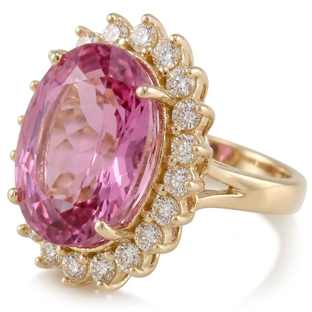 Rosa Kunzit und Aus der Erde Abgebauter Natürlicher Diamanten 31,40 Karat Ehering 14K Gelbgold