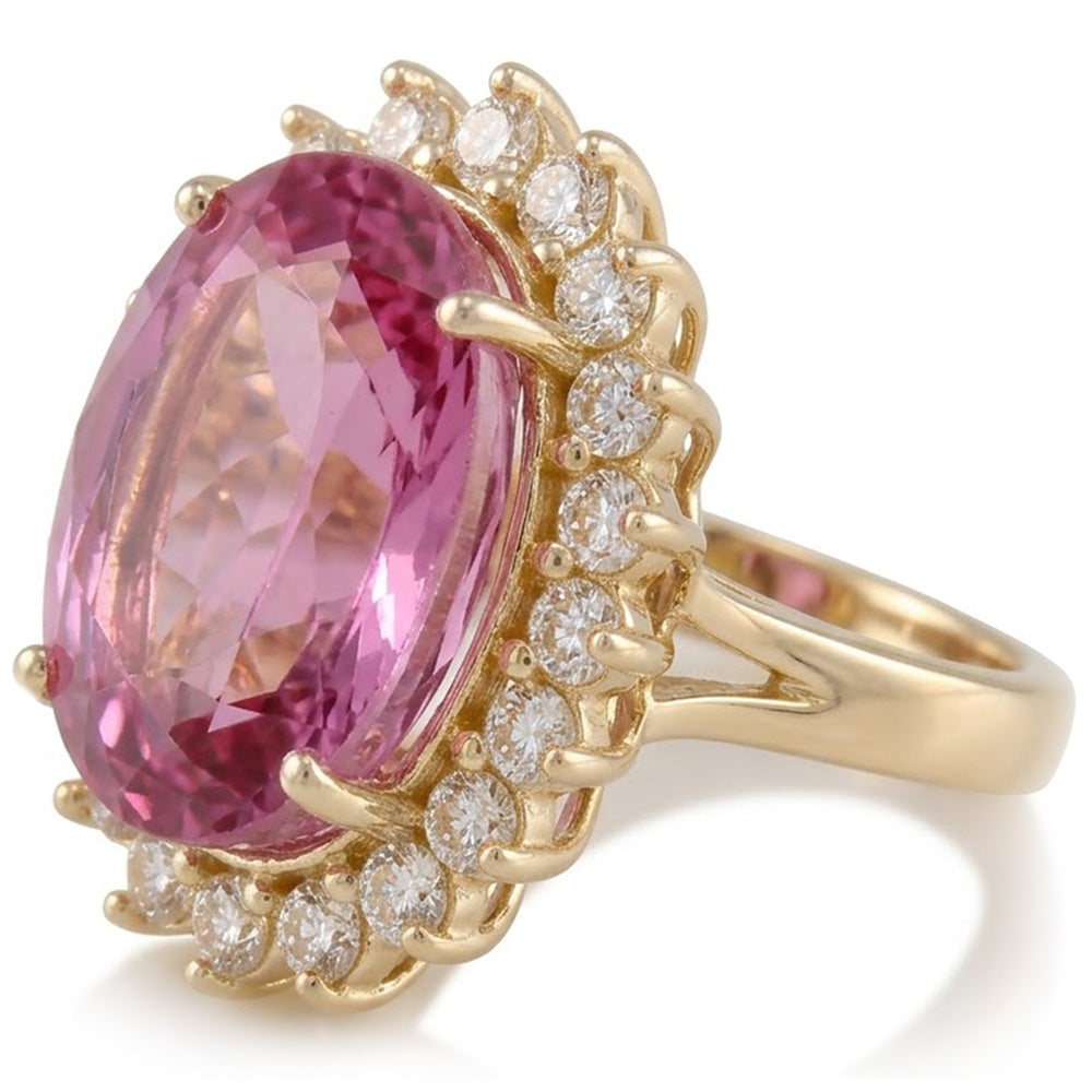 Rosa Kunzit und Aus der Erde Abgebauter Natürlicher Diamanten 31,40 Karat Ehering 14K Gelbgold
