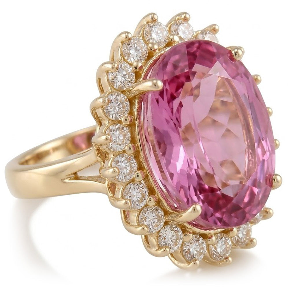 Rosa Kunzit und Aus der Erde Abgebauter Natürlicher Diamanten 31,40 Karat Ehering 14K Gelbgold