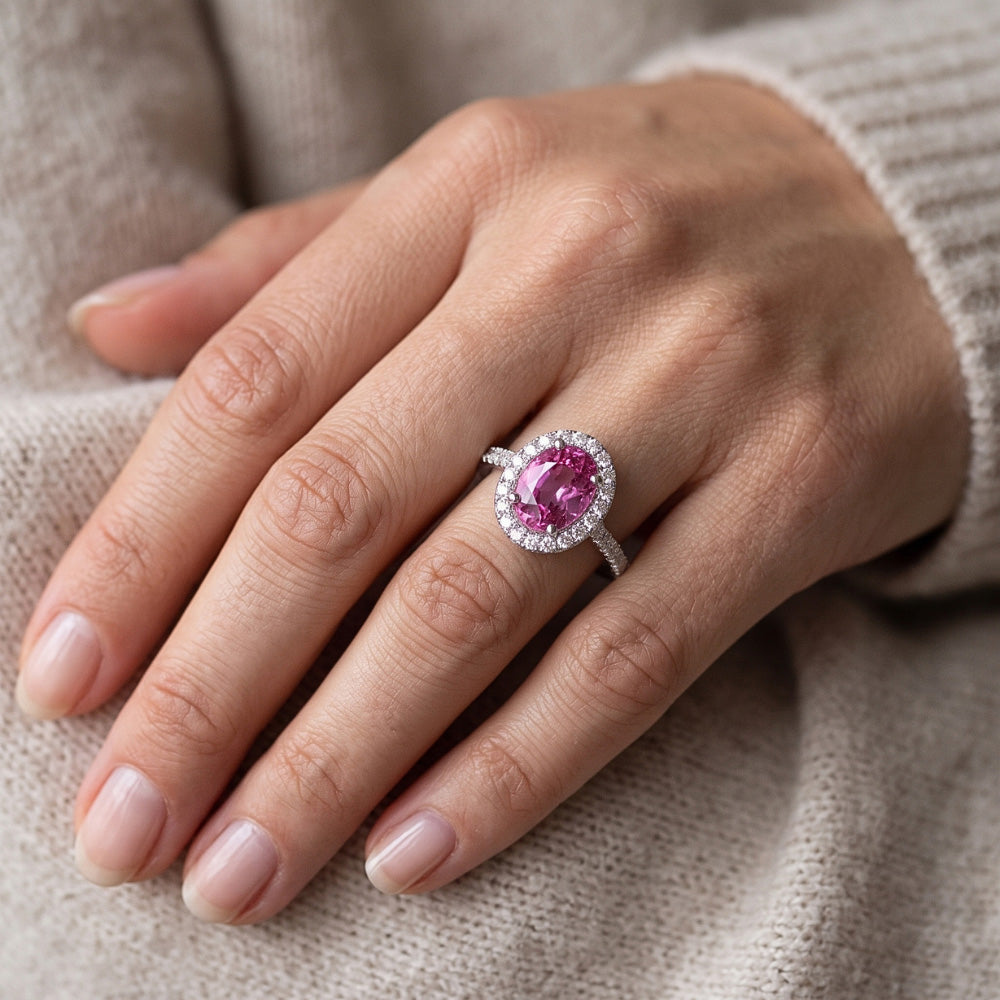 Rosa Saphir Halo Aus der Erde Abgebauter Natürlicher Diamant Ring