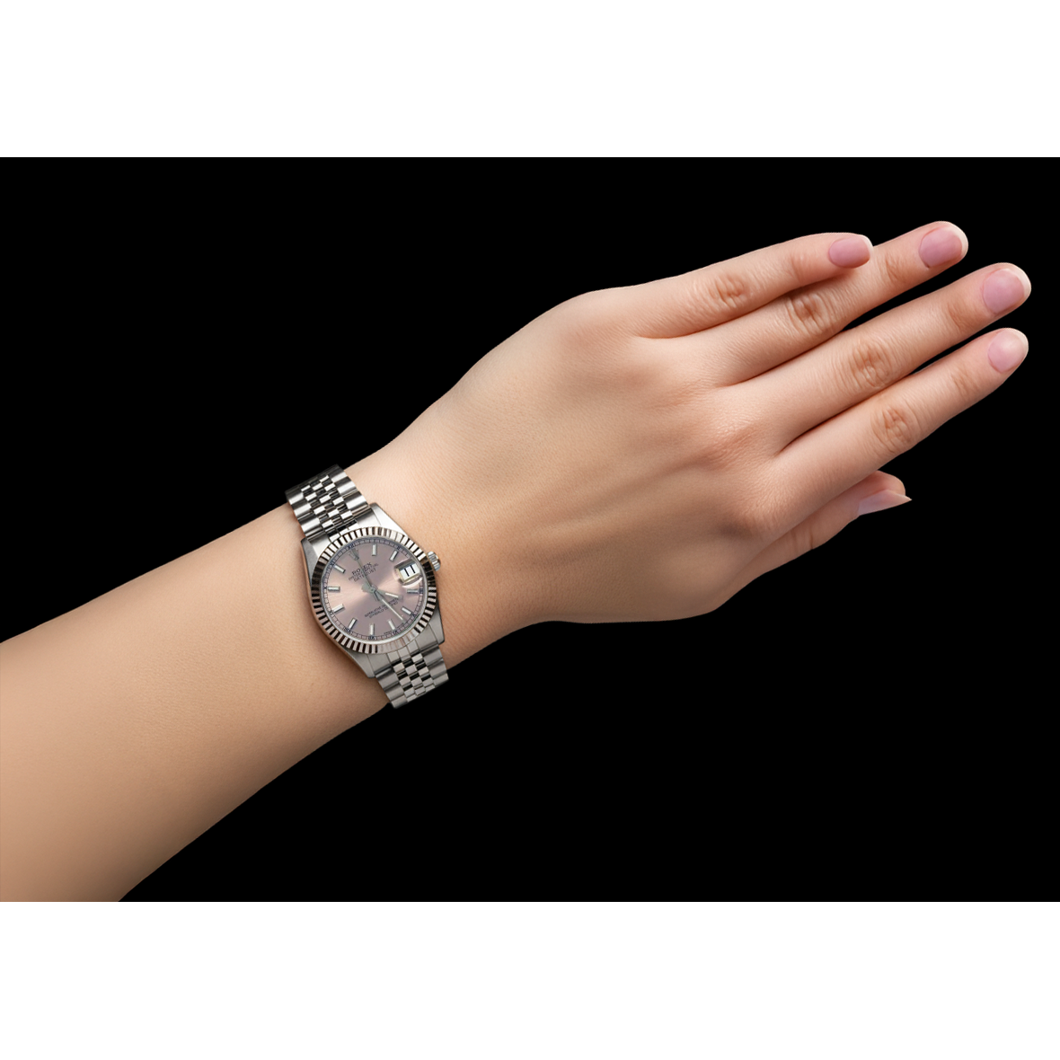 Rosa stick Zifferblatt Rolex Datejust 31 mm Uhr Jubilee Armband Mittelgroß P5