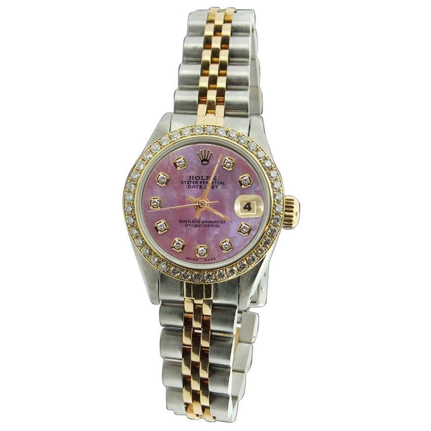 Rosafarbenes Diamant-Zifferblatt, Lünette und goldenes Jubilee-Armband von Dame Rolex