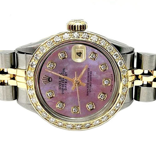 Rosafarbenes Diamant-Zifferblatt, Lünette und goldenes Jubilee-Armband von Dame Rolex