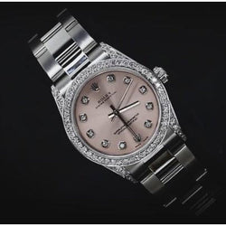 Rosafarbenes Zifferblatt, Rolex-Uhr, individuelle Diamant-Lünette, mittelgroß, 31 mm, ohne Datum, Edelstahl