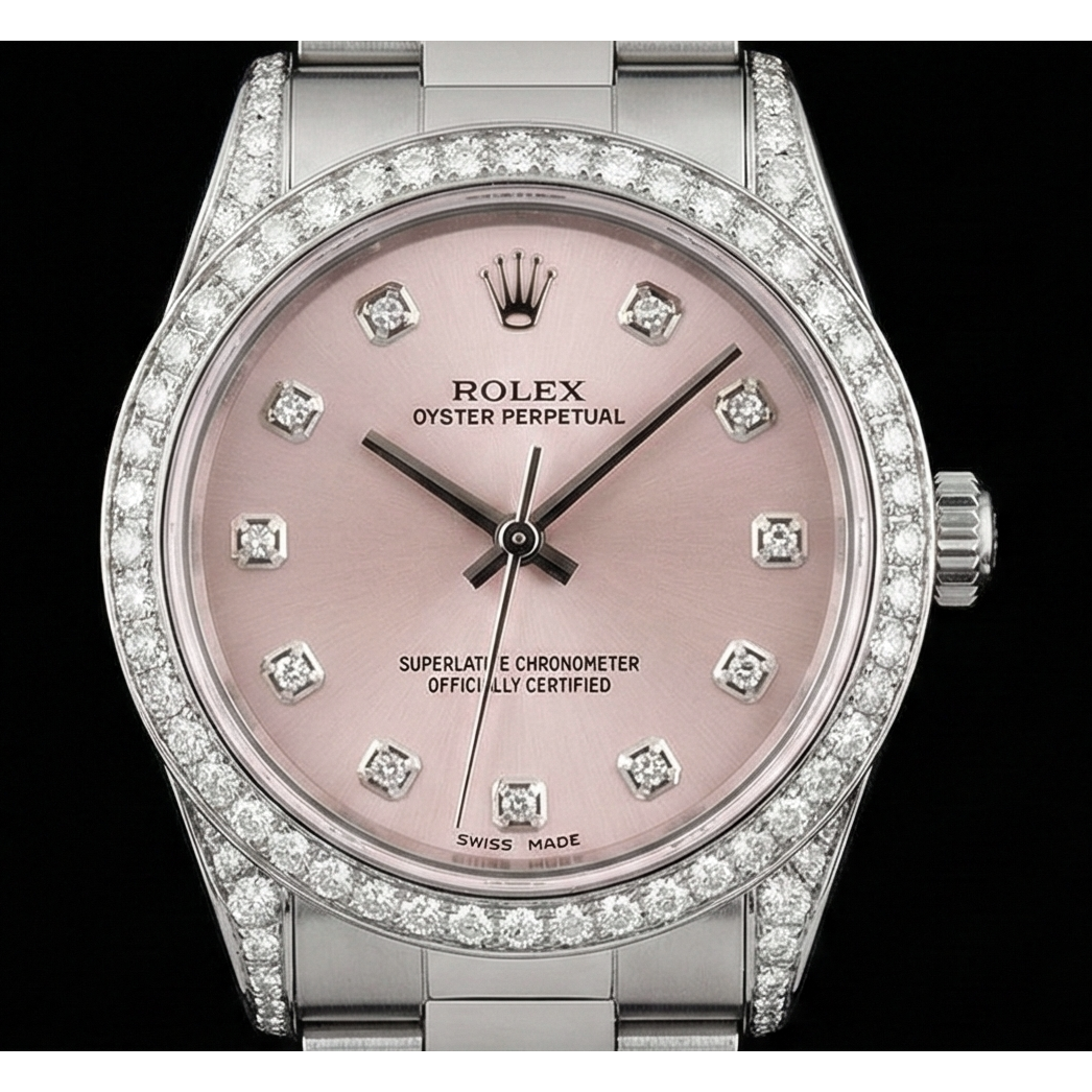 Rosafarbenes Zifferblatt, Rolex-Uhr, individuelle Diamant-Lünette, mittelgroß, 31 mm, ohne Datum, Edelstahl