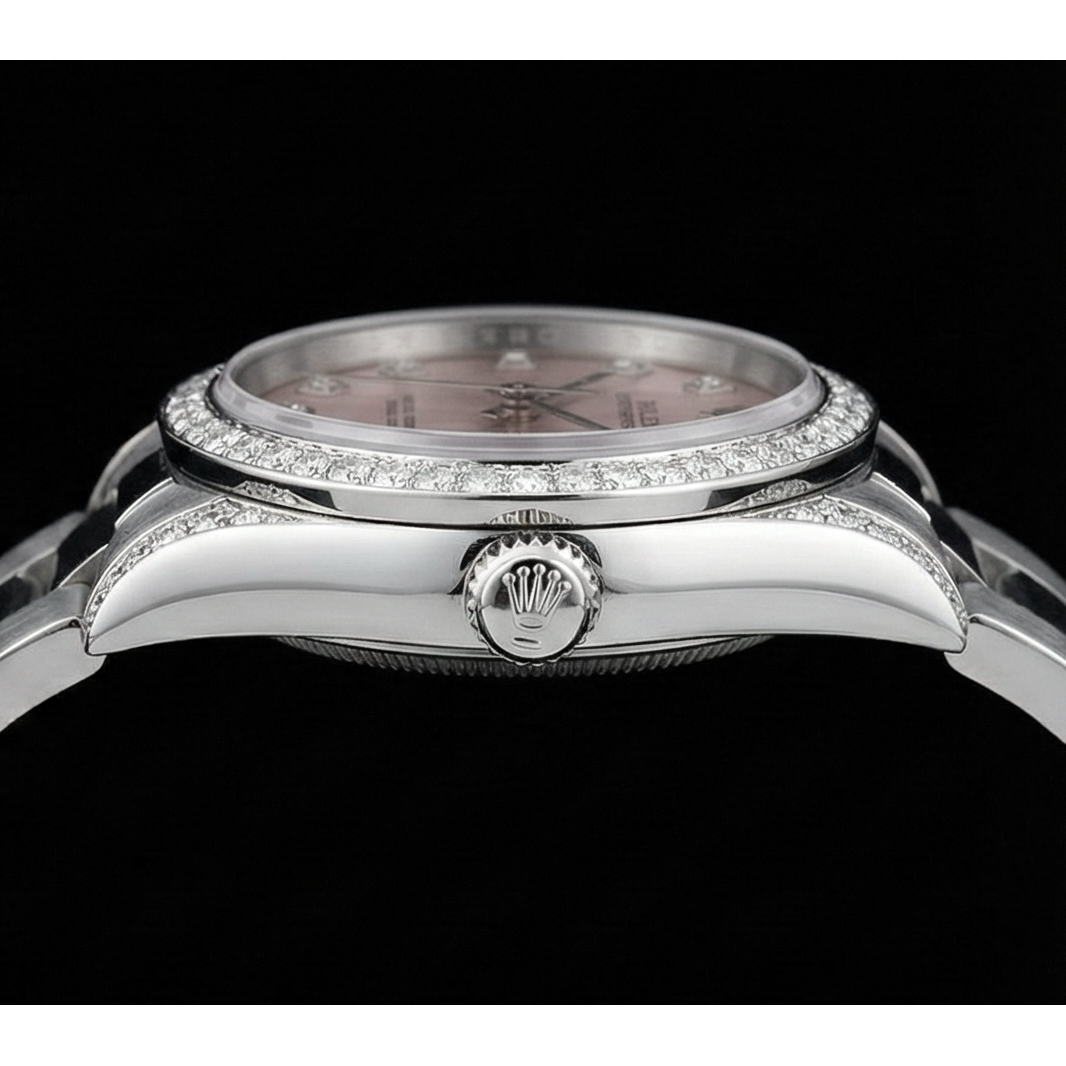 Rosafarbenes Zifferblatt, Rolex-Uhr, individuelle Diamant-Lünette, mittelgroß, 31 mm, ohne Datum, Edelstahl