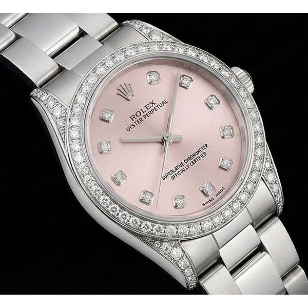 Rosafarbenes Zifferblatt, Rolex-Uhr, individuelle Diamant-Lünette, mittelgroß, 31 mm, ohne Datum, Edelstahl