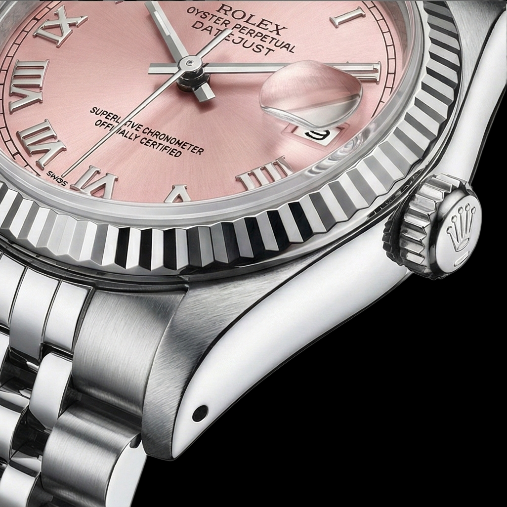 Rosafarbenes römisches Zifferblatt, Rolex Datejust-Uhr, Edelstahl-Jubiläumsarmband
