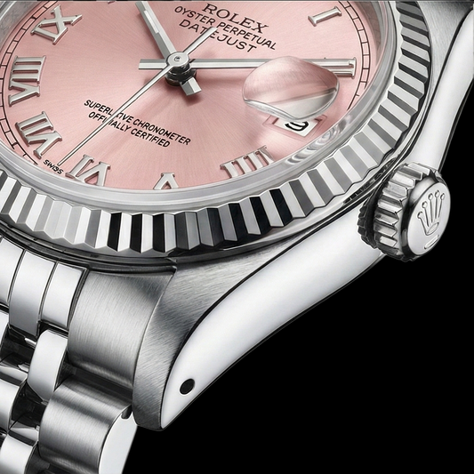 Rosafarbenes römisches Zifferblatt, Rolex Datejust-Uhr, Edelstahl-Jubiläumsarmband