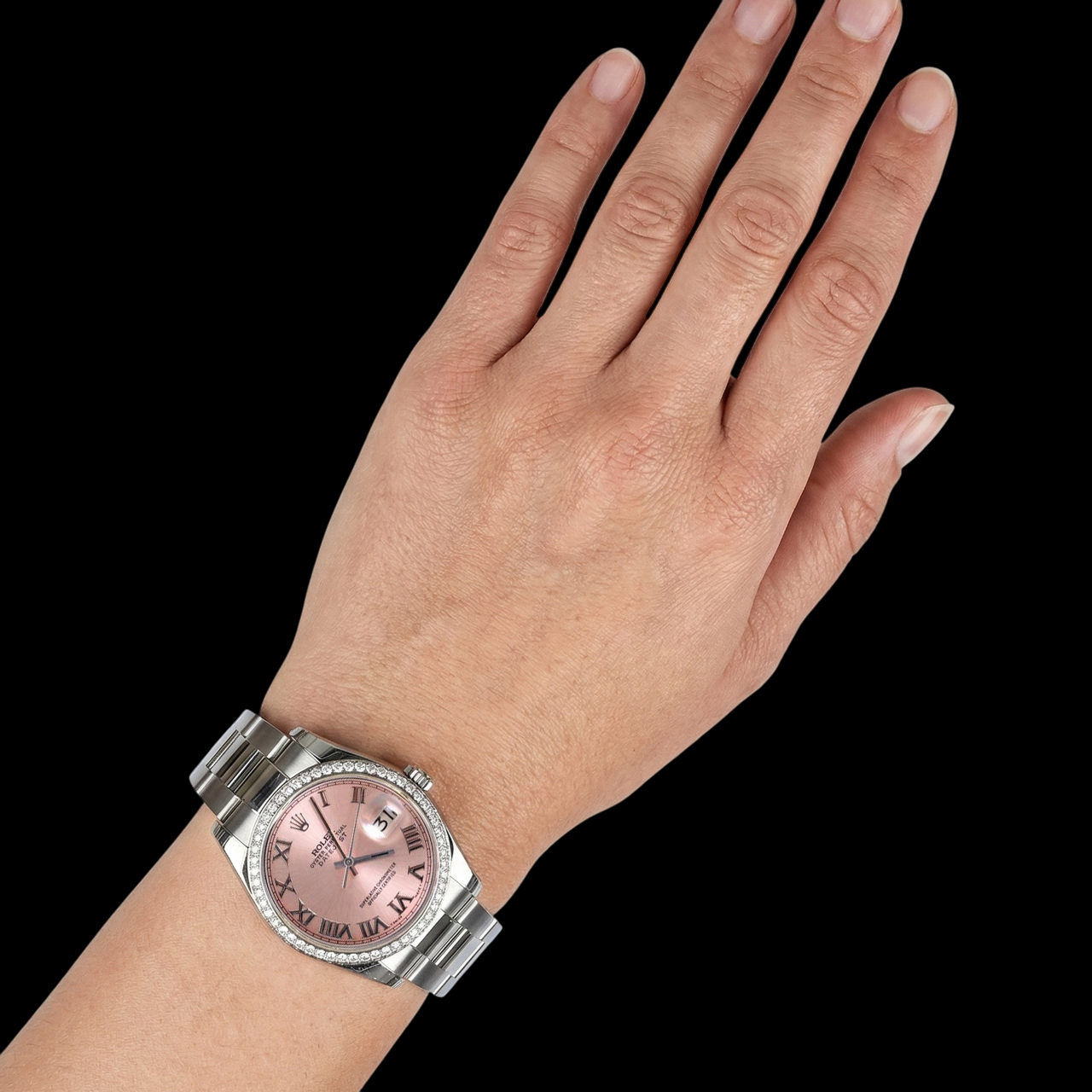 Rosafarbenes römisches Zifferblatt mit Diamantlünette Rolex Datejust Edelstahl Oyster Herrenuhr SCHNELLES EINSTELLEN