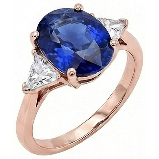 Roségold 3 Steine Ring Oval Blauer Saphir & Aus der Erde Abgebauter Natürlicher Diamant 8.25 Karat