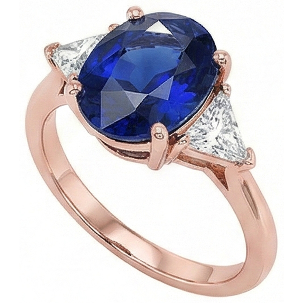 Roségold 3 Steine Ring Oval Blauer Saphir & Aus der Erde Abgebauter Natürlicher Diamant 8.25 Karat