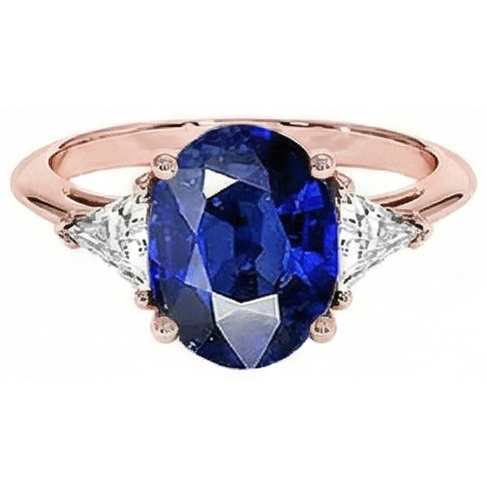 Roségold 3 Steine Ring Oval Blauer Saphir & Aus der Erde Abgebauter Natürlicher Diamant 8.25 Karat