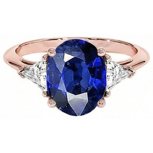 Roségold 3 Steine Ring Oval Blauer Saphir & Aus der Erde Abgebauter Natürlicher Diamant 8.25 Karat