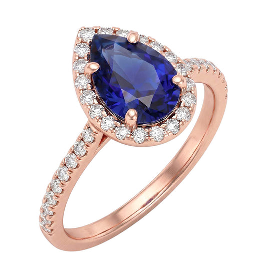 Roségold Halo Blue Saphir Ring Birnenschliff & Natürlicher Diamant ( nicht im Labor gezüchtet ) Akzent 3 Karat