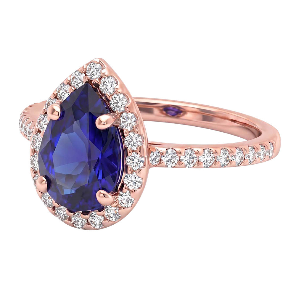 Roségold Halo Blue Saphir Ring Birnenschliff & Natürlicher Diamant ( nicht im Labor gezüchtet ) Akzent 3 Karat