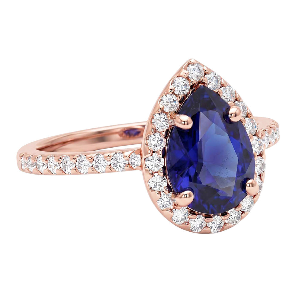 Roségold Halo Blue Saphir Ring Birnenschliff & Natürlicher Diamant ( nicht im Labor gezüchtet ) Akzent 3 Karat