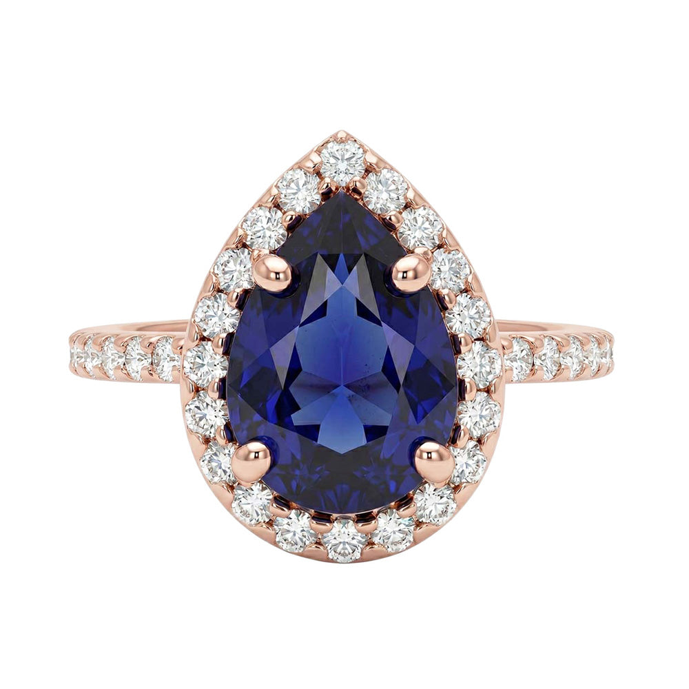 Roségold Halo Blue Saphir Ring Birnenschliff & Natürlicher Diamant ( nicht im Labor gezüchtet ) Akzent 3 Karat