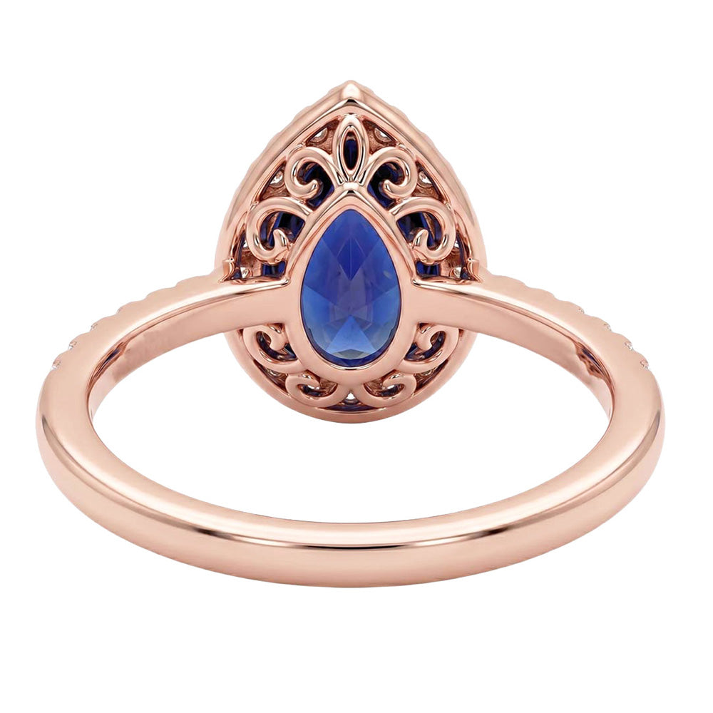 Roségold Halo Blue Saphir Ring Birnenschliff & Natürlicher Diamant ( nicht im Labor gezüchtet ) Akzent 3 Karat