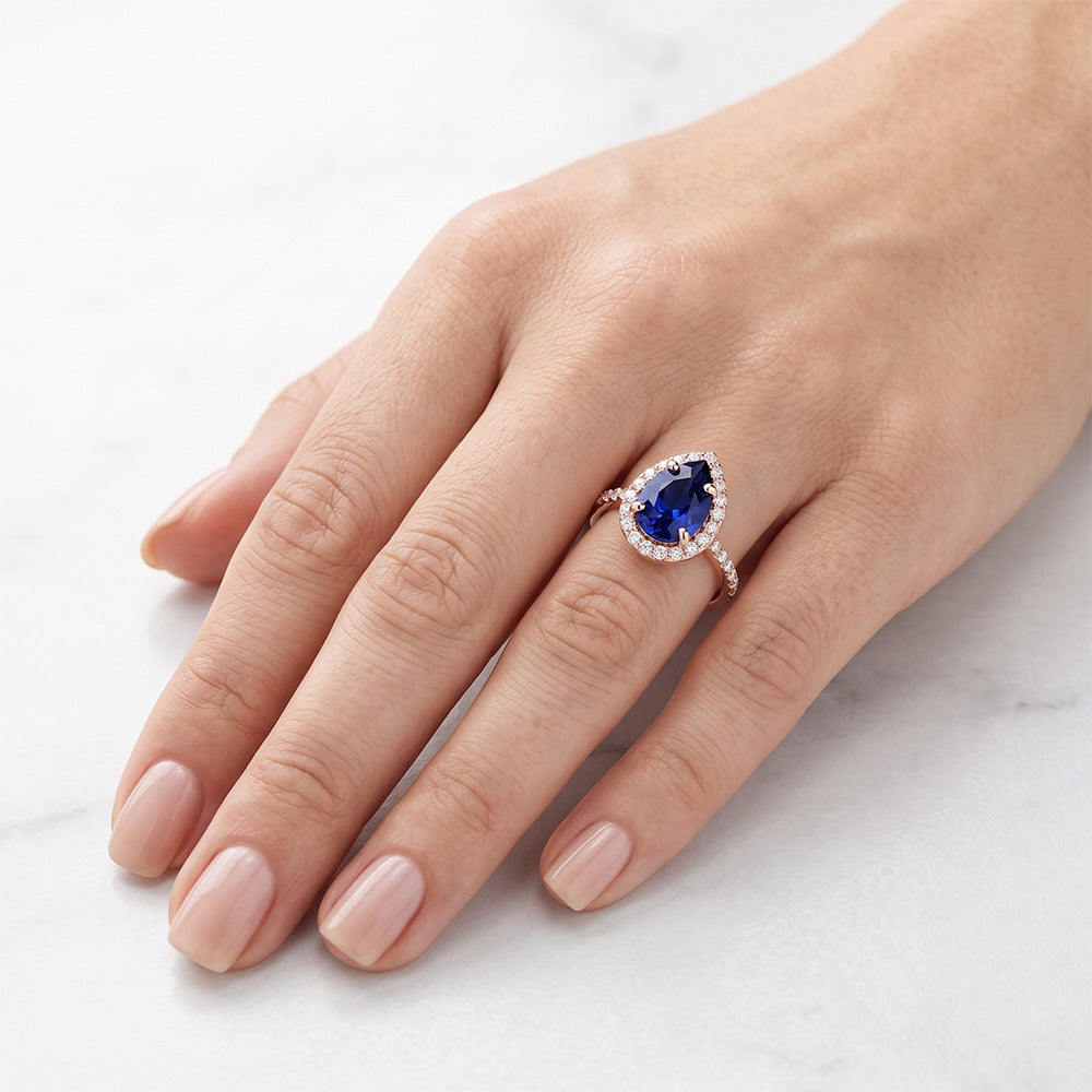 Roségold Halo Blue Saphir Ring Birnenschliff & Natürlicher Diamant ( nicht im Labor gezüchtet ) Akzent 3 Karat