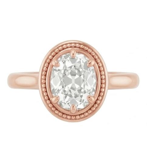 Roségold Solitärring Ovaler Altschliff Echt Natürlicher Diamant ( nicht im Labor gezüchtet ) Perlen Stil 4 Karat