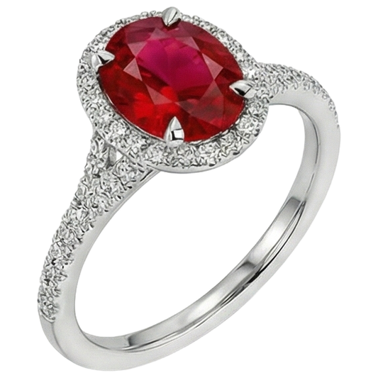 Roter Oval Rubin Aus der Erde Abgebauter Natürlicher Diamant Ehering Weißgold 14K 3,30 Karat