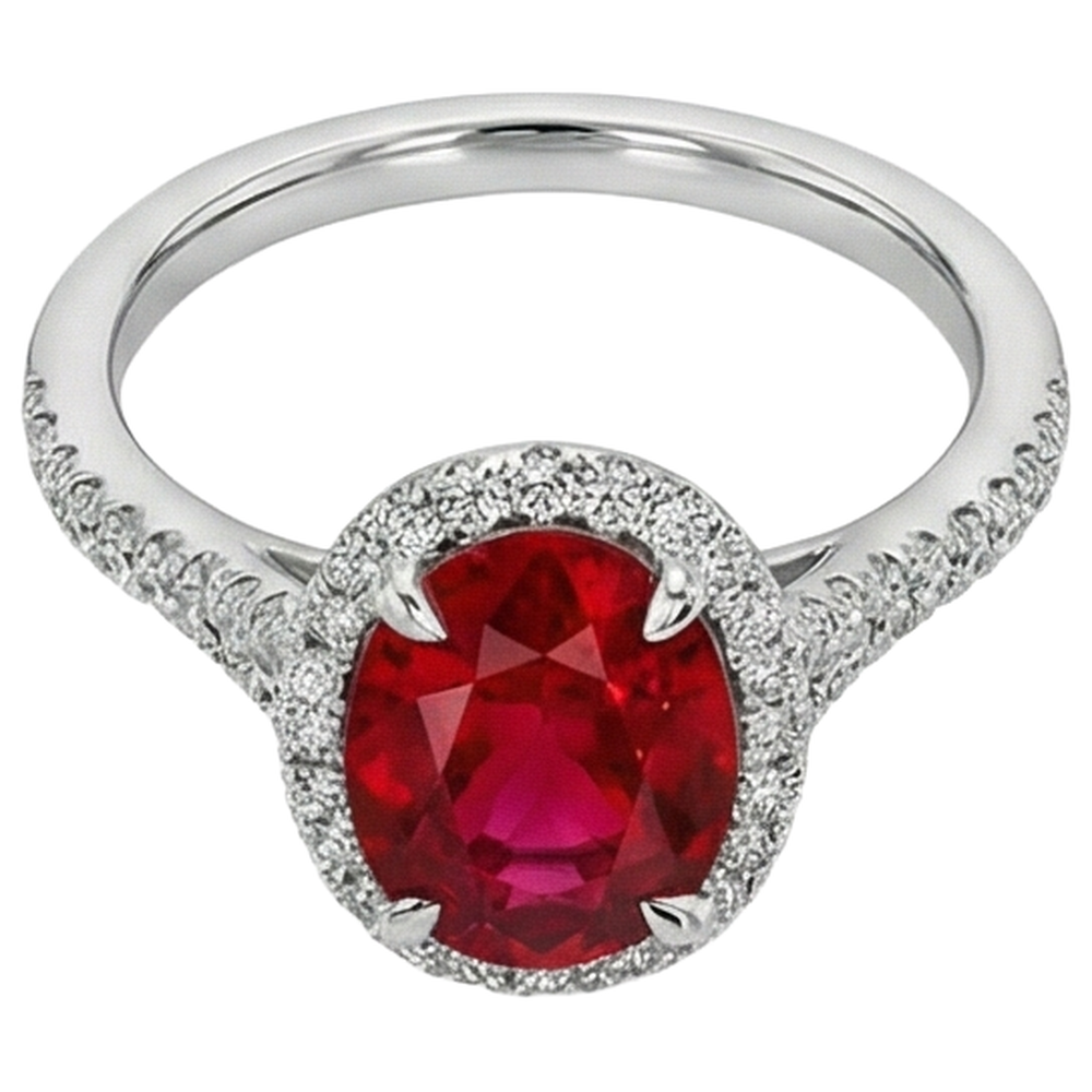 Roter Oval Rubin Aus der Erde Abgebauter Natürlicher Diamant Ehering Weißgold 14K 3,30 Karat