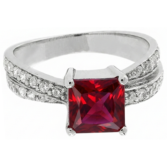 Roter Rubin im Prinzessin-Schliff mit Aus der Erde Abgebauter Natürlicher Diamanten 4.10 ct. Ring Weißgold 14K