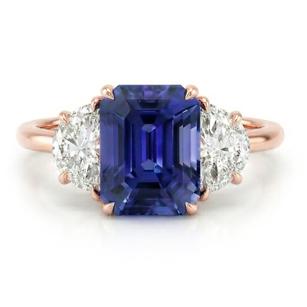 Rotgold Smaragd Saphir 3 Steine Halbmond Aus der Erde Abgebauter Natürlicher Diamanten Ring 4 Karat