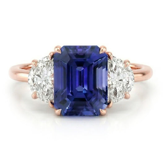 Rotgold Smaragd Saphir 3 Steine Halbmond Aus der Erde Abgebauter Natürlicher Diamanten Ring 4 Karat