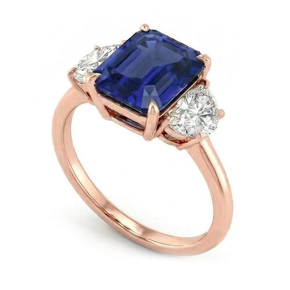 Rotgold Smaragd Saphir 3 Steine Halbmond Aus der Erde Abgebauter Natürlicher Diamanten Ring 4 Karat