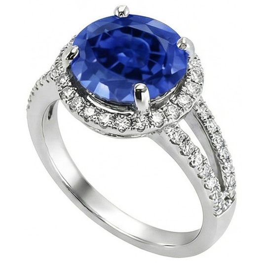 Ring mit im Labor gezüchtetem blauem Saphir, 3,5 Karat, runder Halo, 14 Karat Weißgold
