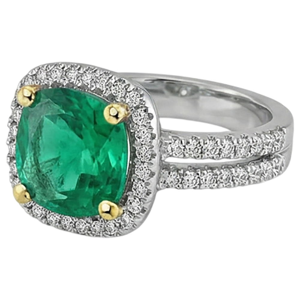 Smaragd Rund-Brillant Schmuckstein-Ring in Zweifarbiges 14K Gold – Schrägansicht