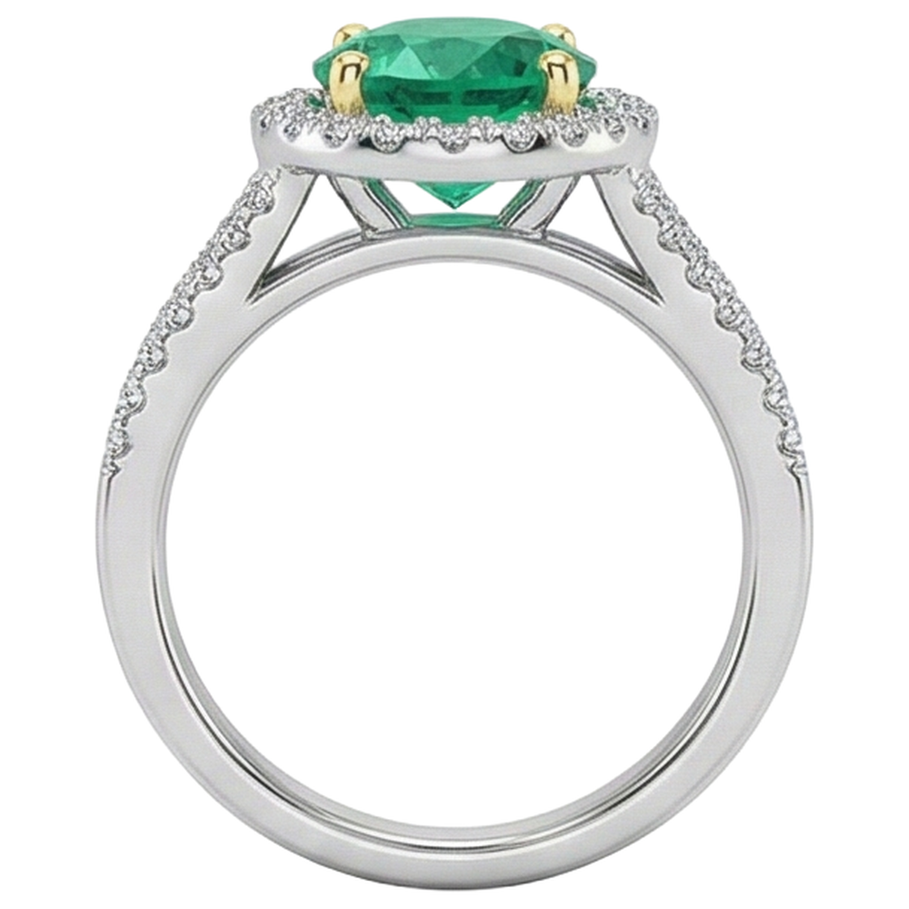 Rund-Brillant Kolumbianischer Smaragd Ring in 14 Karat Zweifarbig Gold – Rückansicht