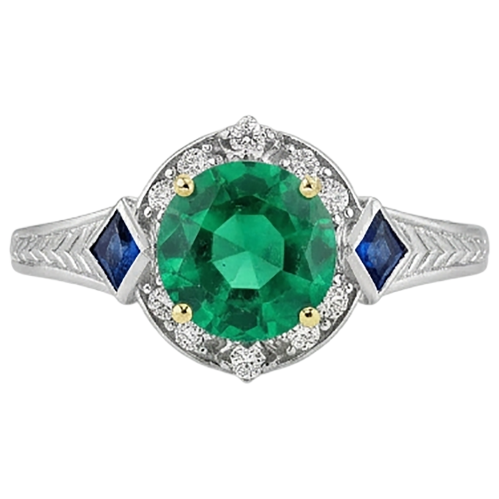Brillantschliff Edler Smaragd Ring in Zweifarbiges 14K Gold – Frontansicht