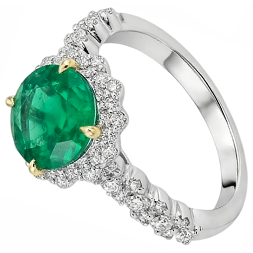 Edler Smaragd Rund-Brillant Farbstein-Ring in Bicolor 14K Gold – Schrägansicht