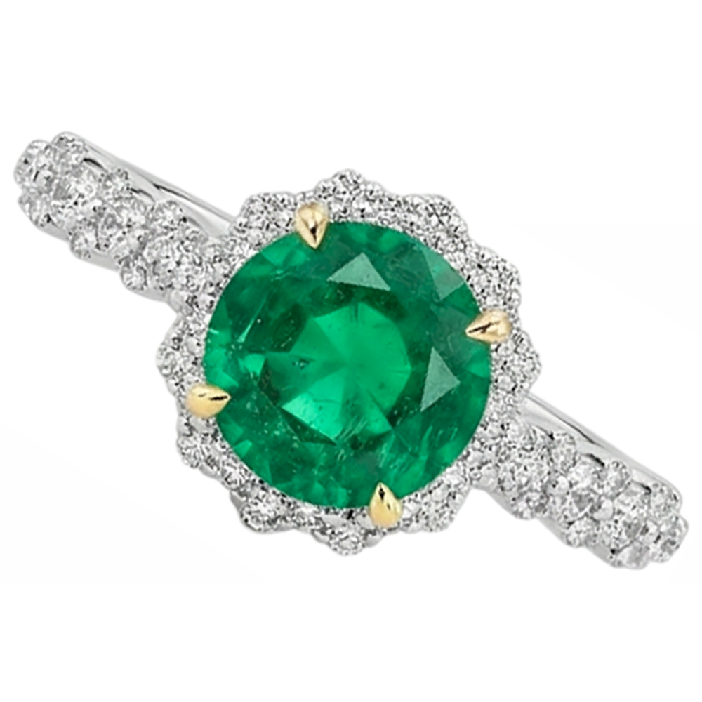 Edler Smaragd Rund-Brillant Farbstein-Ring in Bicolor 14K Gold – Draufsicht
