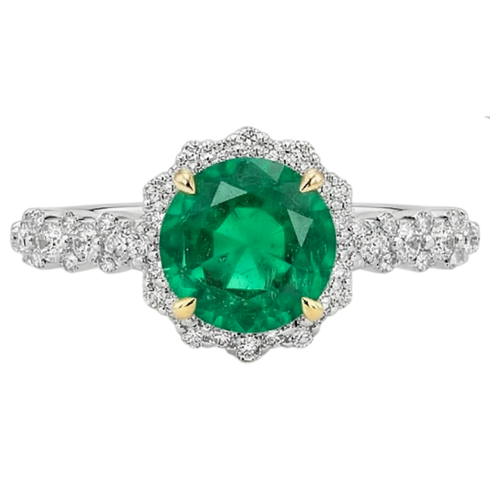Edler Smaragd Rund-Brillant Farbstein-Ring in Bicolor 14K Gold – Frontansicht