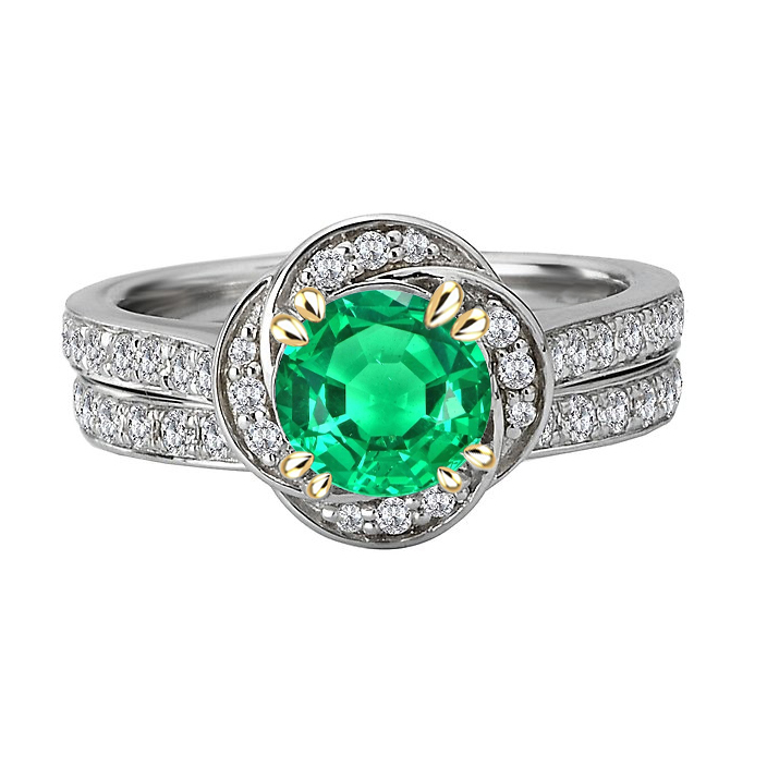 Edler Smaragd Rund-Brillant Edelstein-Ring in 14 Karat Zweifarbig Gold – Hauptansicht