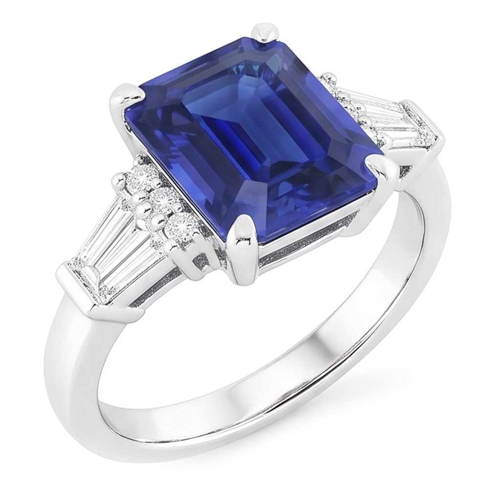 Rund & Baguette Natürlicher Diamant ( nicht im Labor gezüchtet ) Sri Lanka Saphir Ring Smaragdschliff 4 Karat