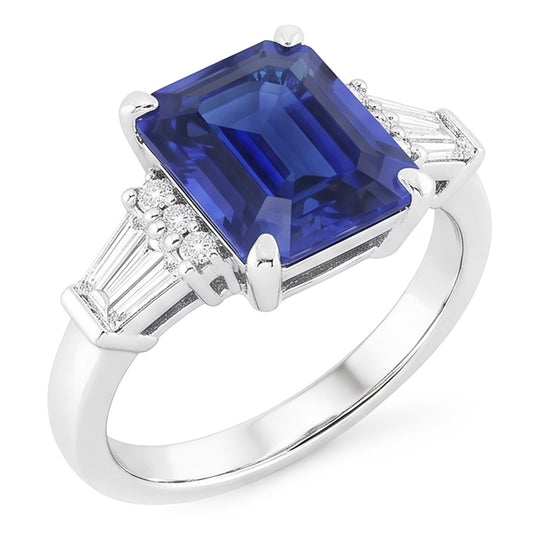 Rund & Baguette Natürlicher Diamant ( nicht im Labor gezüchtet ) Sri Lanka Saphir Ring Smaragdschliff 4 Karat