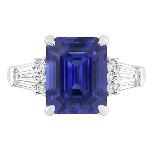 Rund & Baguette Natürlicher Diamant ( nicht im Labor gezüchtet ) Sri Lanka Saphir Ring Smaragdschliff 4 Karat