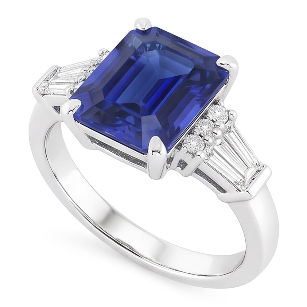 Rund & Baguette Natürlicher Diamant ( nicht im Labor gezüchtet ) Sri Lanka Saphir Ring Smaragdschliff 4 Karat