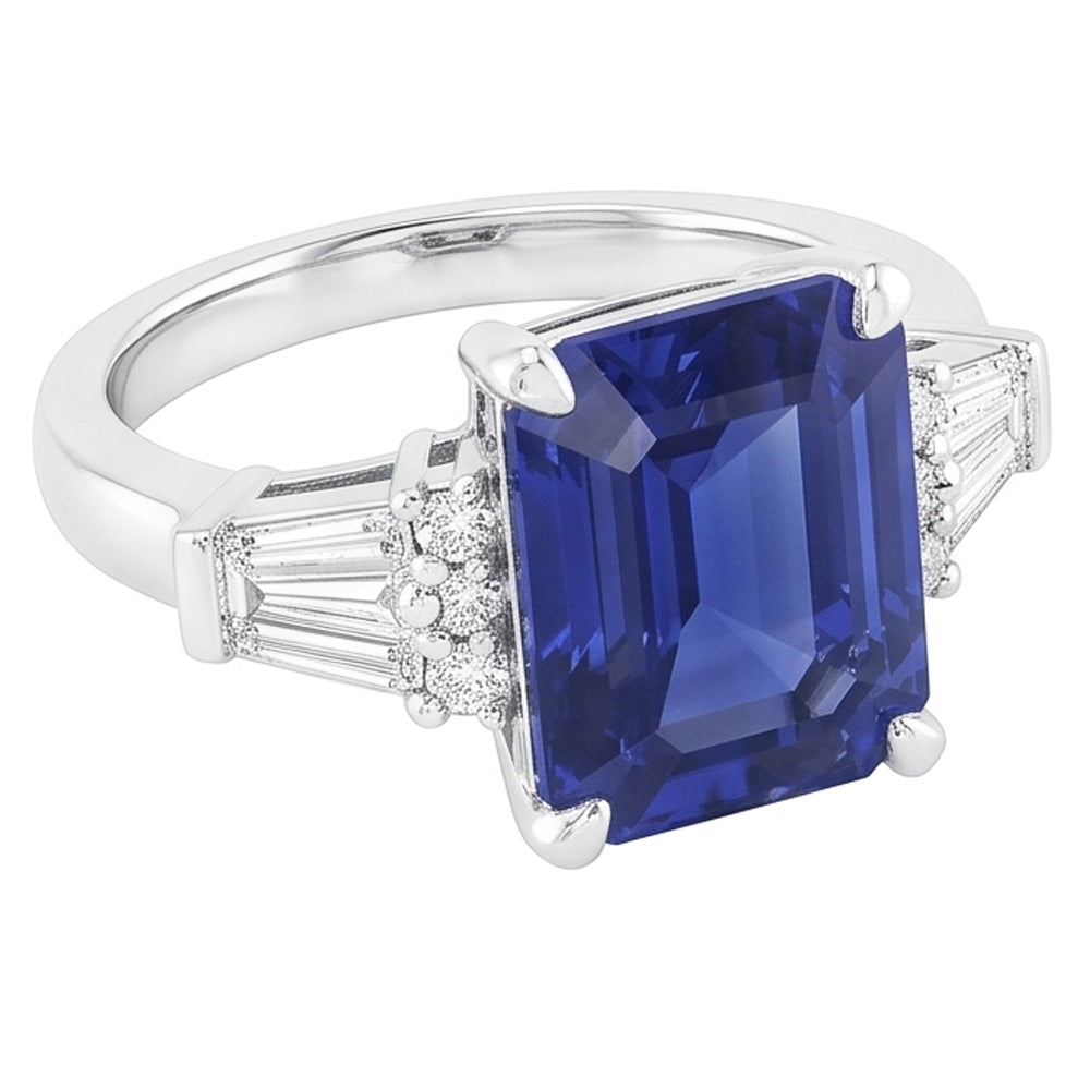 Rund & Baguette Natürlicher Diamant ( nicht im Labor gezüchtet ) Sri Lanka Saphir Ring Smaragdschliff 4 Karat