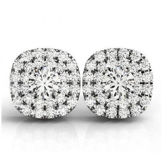 Runden Double Halo Echt DiamantStud Earring Pair 2.56 Carats White Gold 14K
