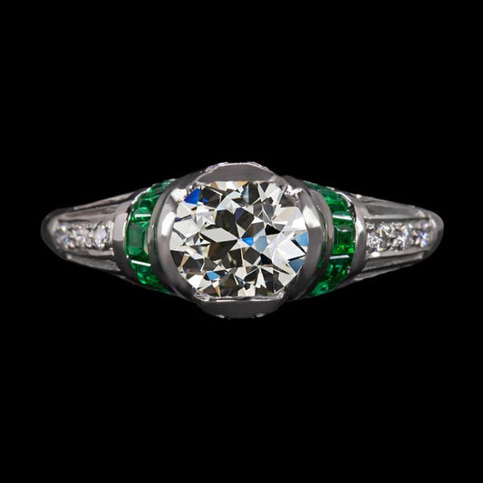 Runder Altschliff Diamant & Smaragd Ring 3.75 Karat Weißgold