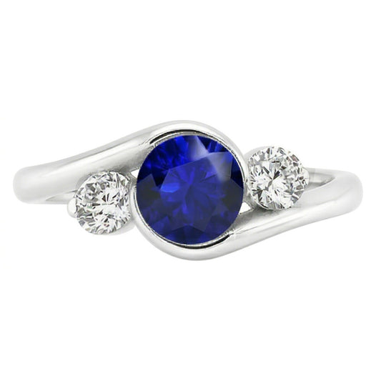 Runder Aus der Erde Abgebauter Natürlicher Diamant 3 Steine Saphir Ring 2,50 Karat Bypass Style Gold 14K