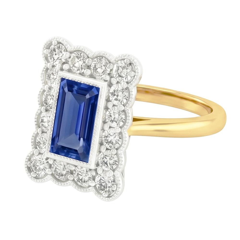 Runder Aus der Erde Abgebauter Natürlicher Diamant-Blumen-Stil Halo natürlicher blauer Saphirring 3 Karat