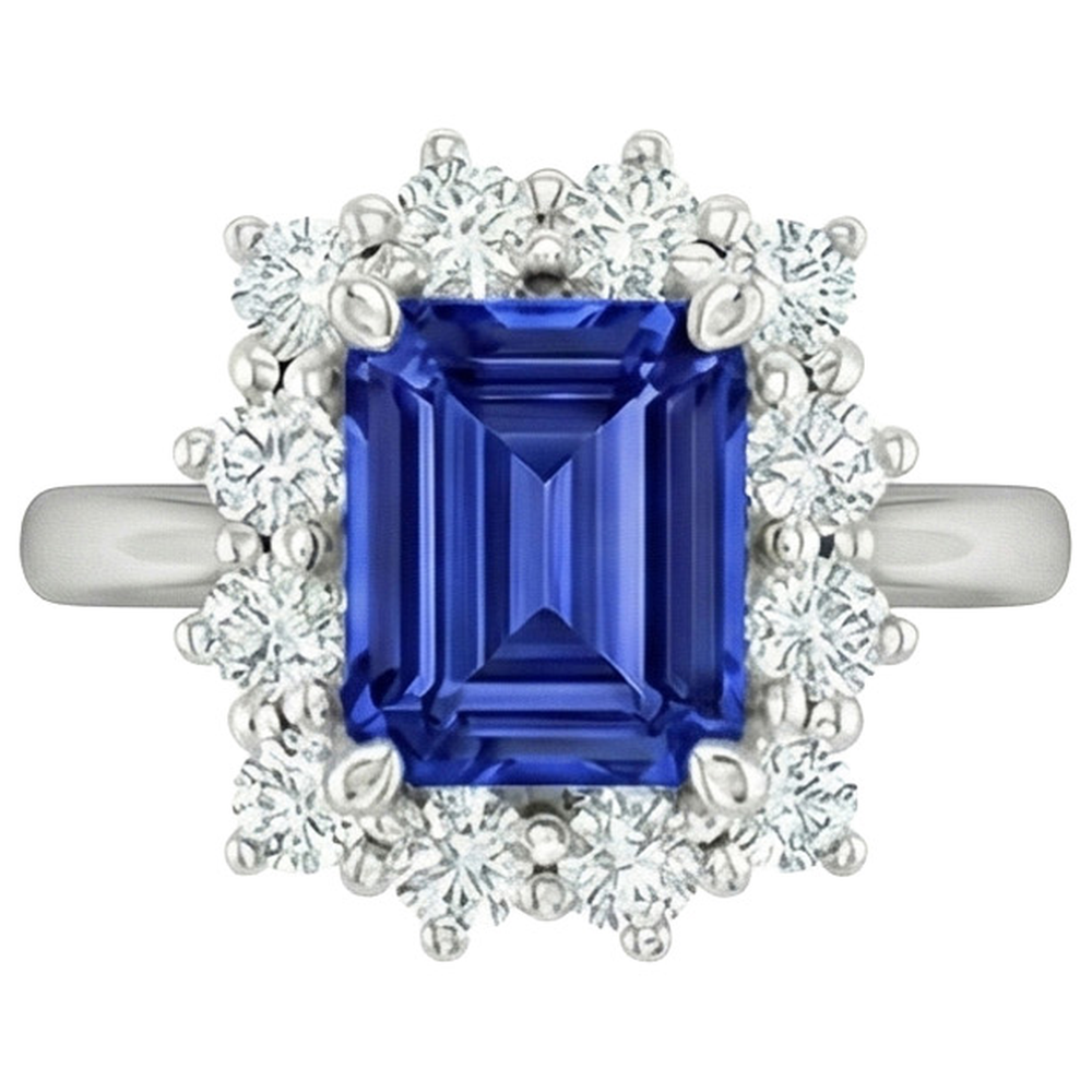 Runder Aus der Erde Abgebauter Natürlicher Diamant Halo Ring Flower Style Smaragdblauer Saphir 4,50 Karat